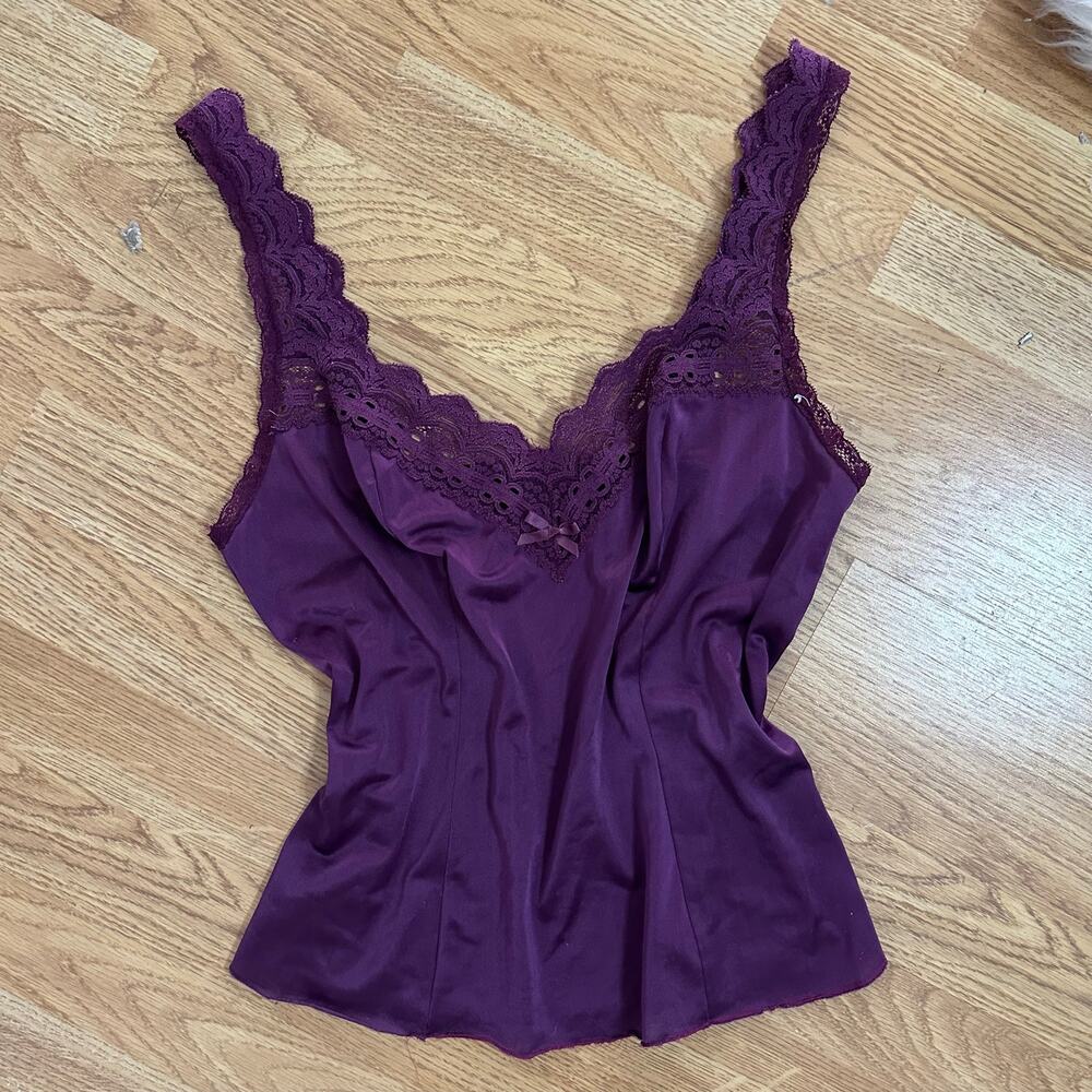 Olga Secret Hug V-Neck Lace Trim Satin Tank Purple